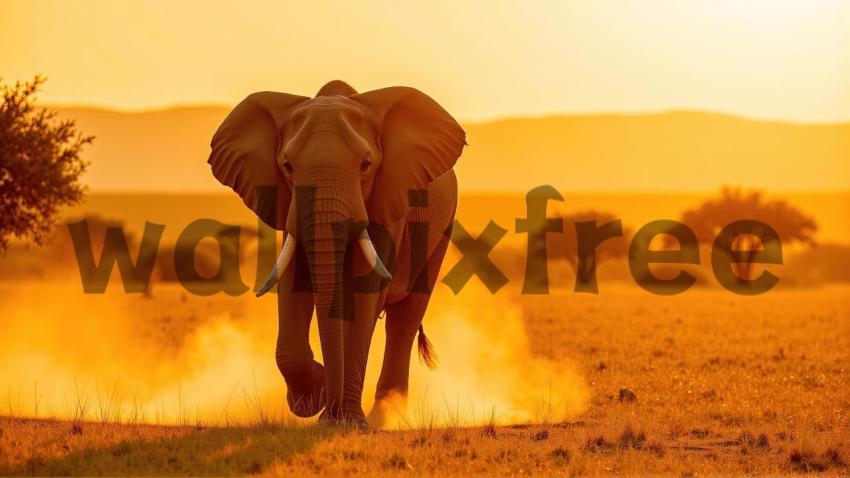 Elephant Walking at Sunset in African Savanna