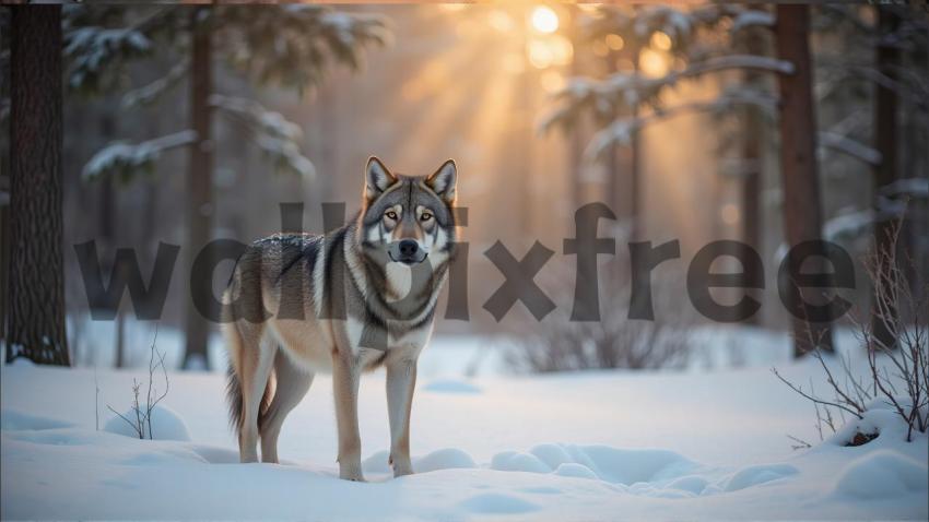 Wolf In Snowy Forest At Sunrise