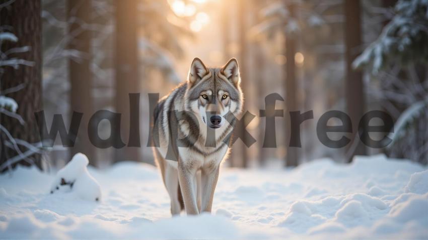 Wolf Walking in Snowy Forest at Sunrise