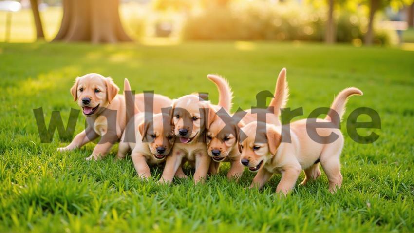 Group Of Playful Puppies On Grass