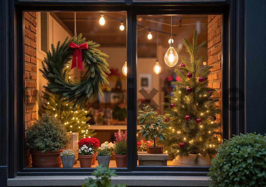 Christmas Window Display with Wreath and Tree