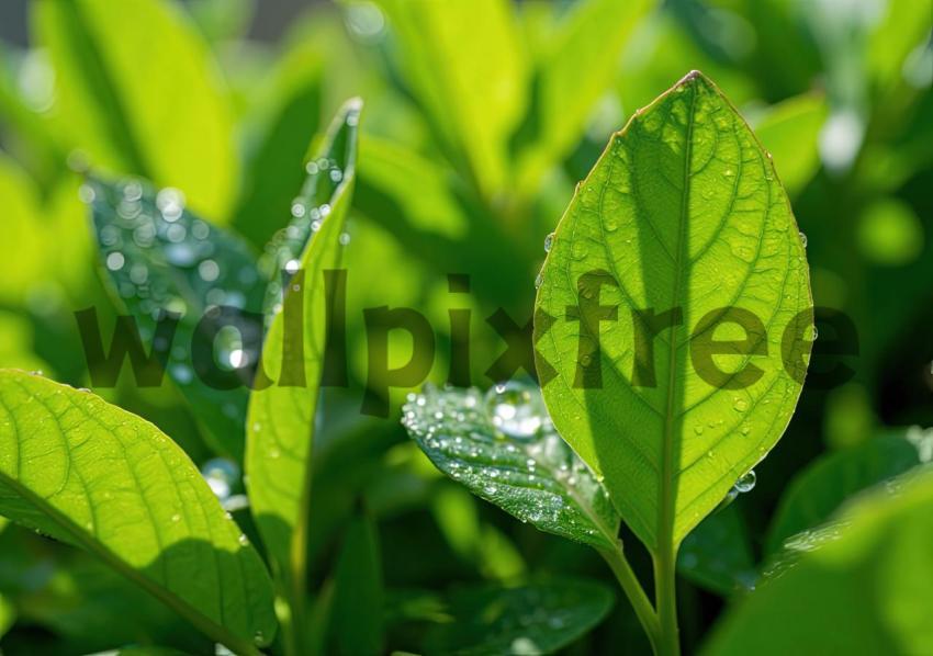 Close Up Of Dew On Green Leaves