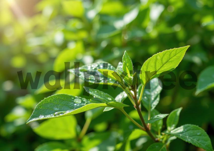 Dew Covered Leaves in Sunlight