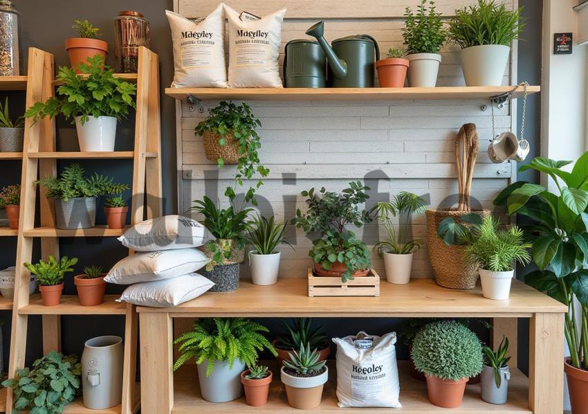 Indoor Plant Display with Shelving and Gardening Supplies