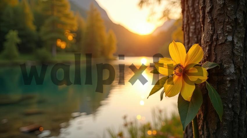 Yellow Flower by Lake at Sunset