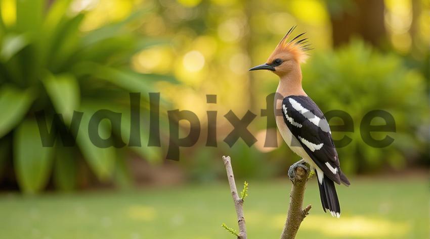 Crested Bird Perched on Branch in Garden