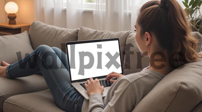 Woman Relaxing with Laptop on Sofa