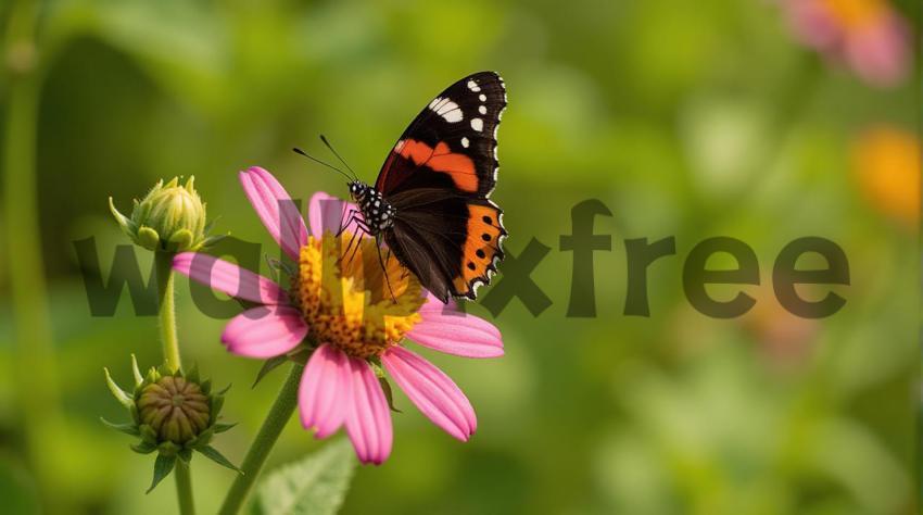 Butterfly on Pink Flower in Garden