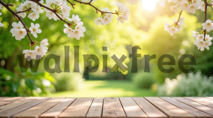 Cherry Blossoms Over Wooden Table