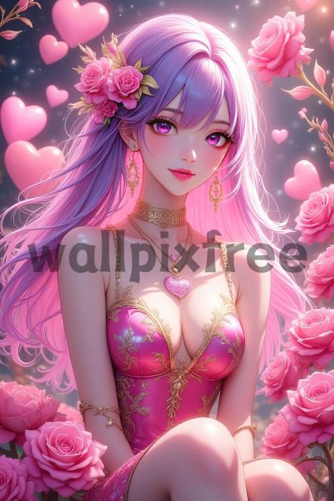 Anime Girl with Pink Hair and Roses