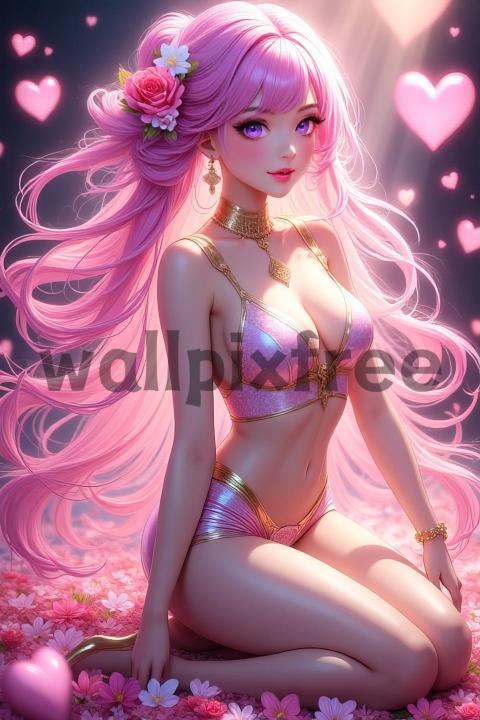 Anime Girl with Pink Hair and Flowers