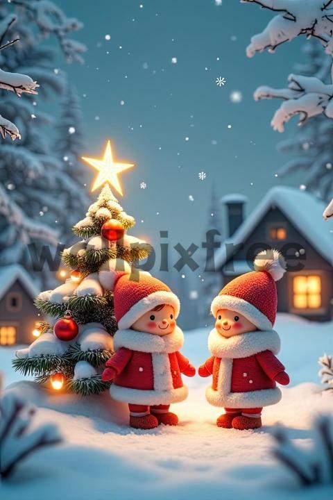 Children in Santa Outfits by Christmas Tree