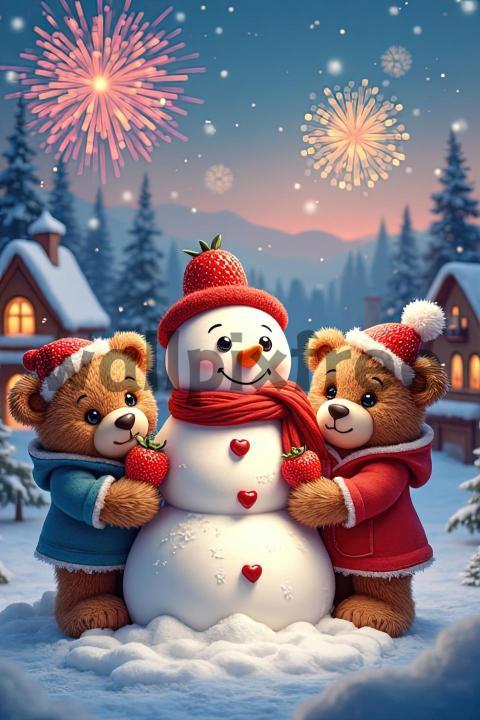 Teddy Bears Building Snowman with Fireworks