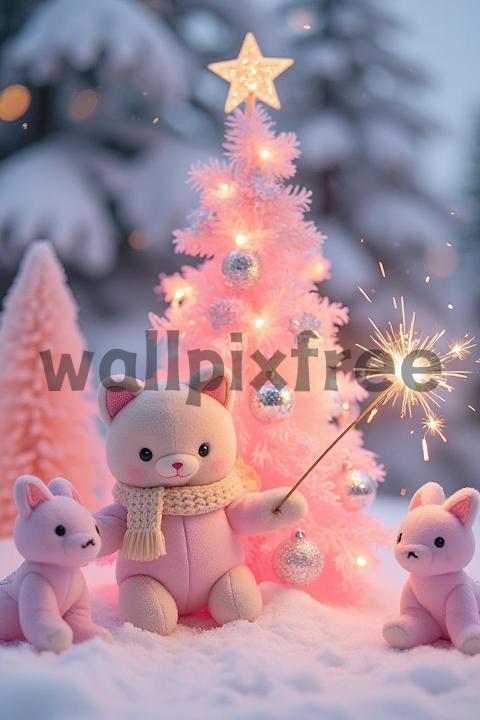 Plush Toys Celebrating Christmas with Pink Tree