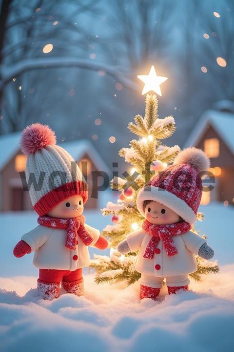 Cute Dolls by Christmas Tree in Snow