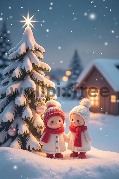 Cute Dolls by Christmas Tree in Snowy Scene