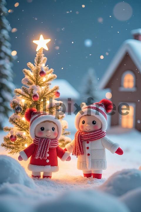 Cute Dolls by Christmas Tree in Snowy Scene