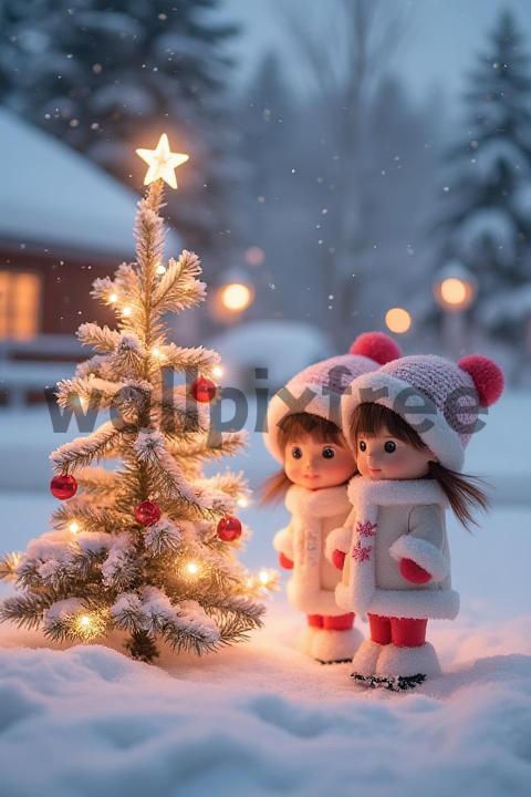 Dolls Admiring Christmas Tree in Snow