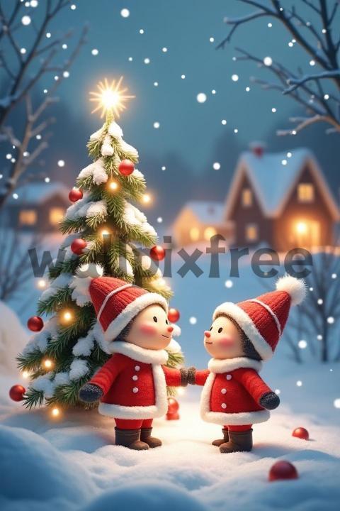 Cute Christmas Scene with Snow and Tree