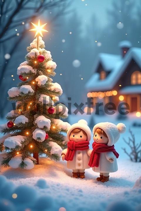 Children Admiring Christmas Tree in Snowy Scene