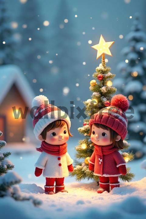 Children Decorating Christmas Tree in Snow