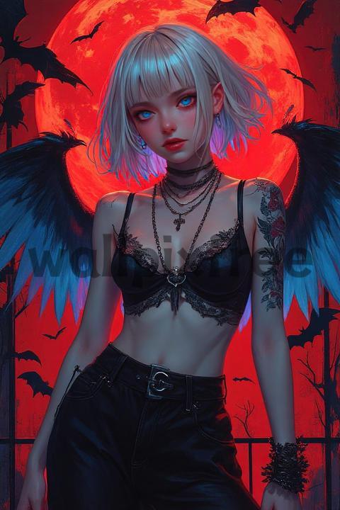 Gothic Angel with Red Moon and Bats