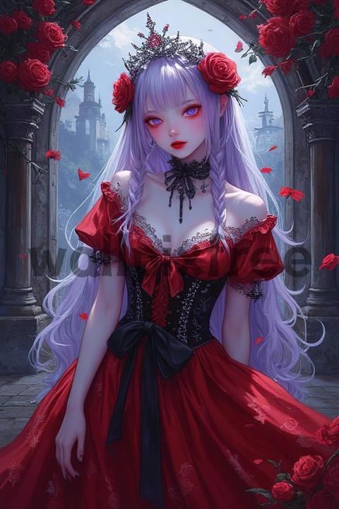 Gothic Princess in Red Dress with Roses