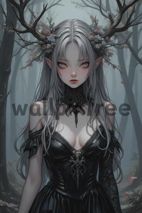 Mystical Elf with Antlers in Dark Forest