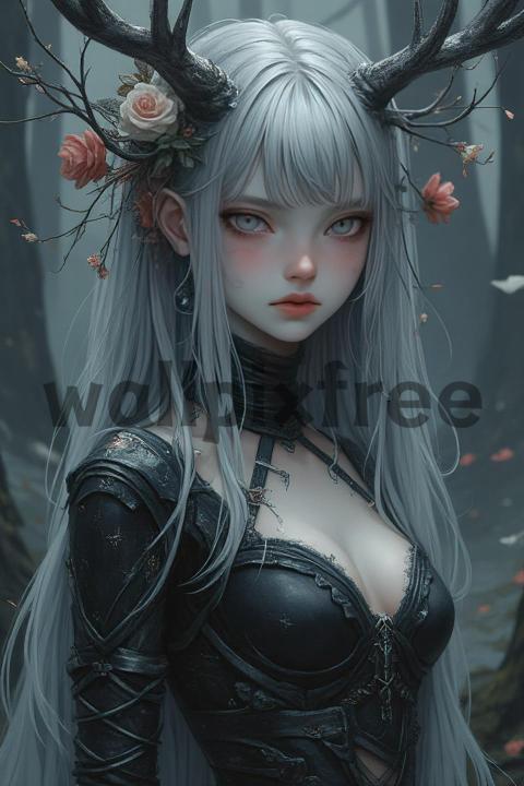 Fantasy Character with Antlers and Flowers