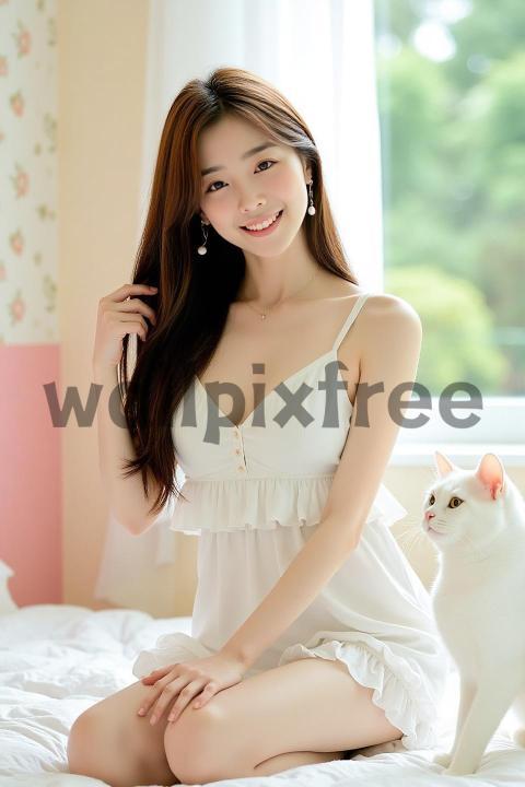 Woman In White Dress With Cat