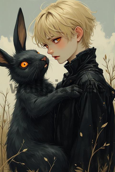 Boy with Black Rabbit Illustration