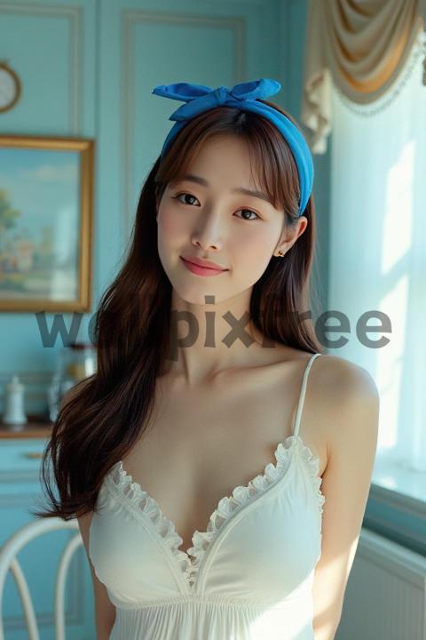 Woman In Blue Headband And White Dress