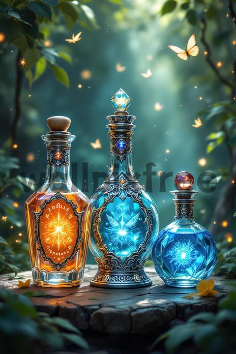 Mystical Glowing Potion Bottles in Enchanted Forest