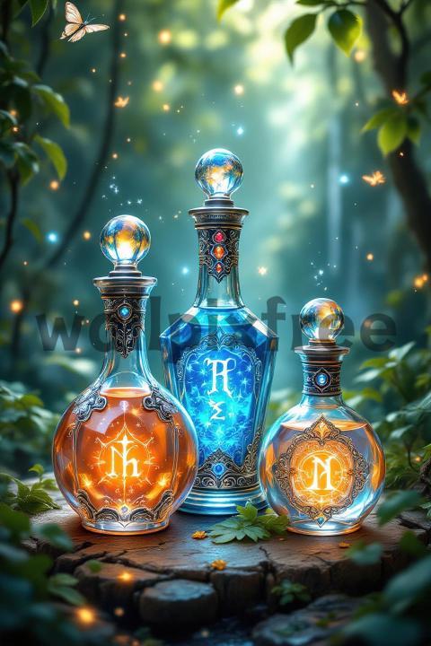 Mystical Glowing Potion Bottles in Enchanted Forest