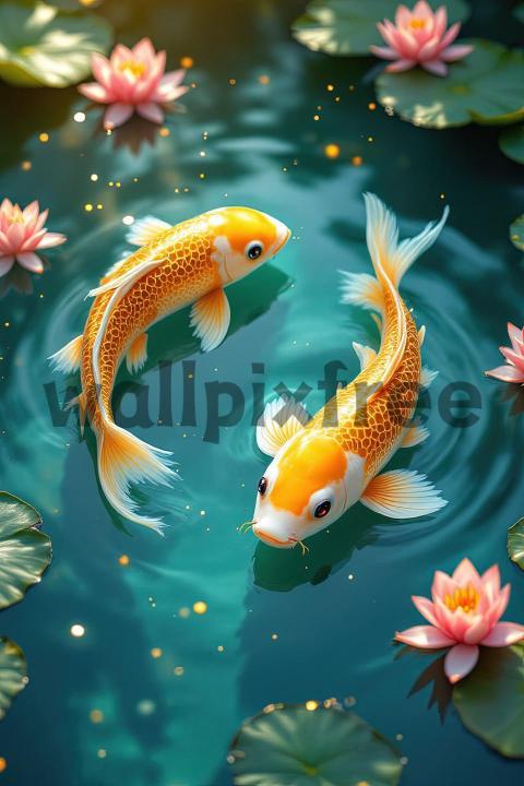 Koi Fish in Tranquil Pond with Water Lilies