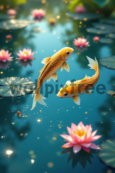 Koi Fish and Water Lilies in a Tranquil Pond