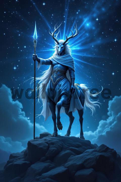 Celestial Stag Warrior Under Starry Sky