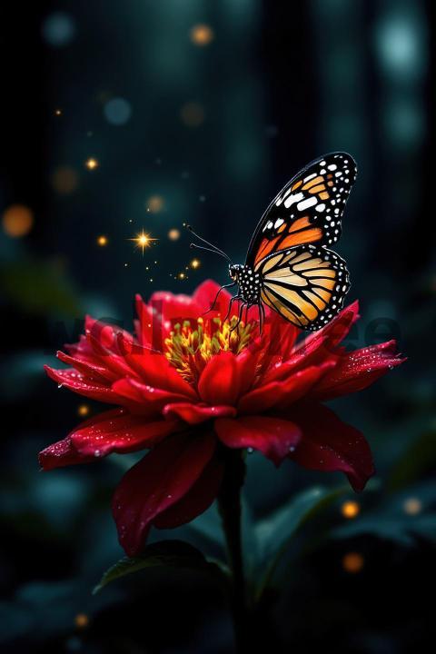 Butterfly on Red Flower with Sparkles