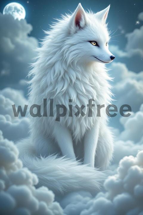 Mystical White Fox in Moonlit Clouds