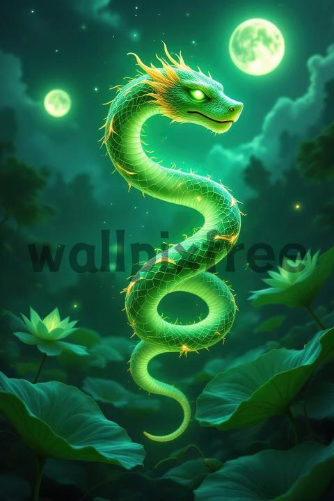 Mystical Green Dragon Under Moonlight