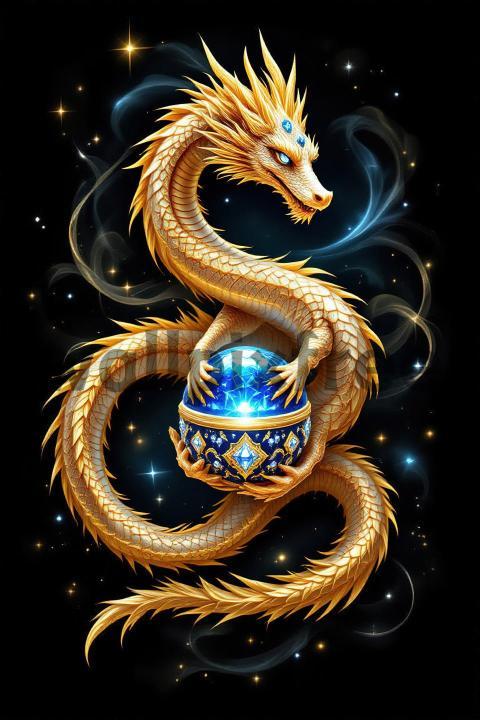 Golden Dragon Holding a Mystical Orb