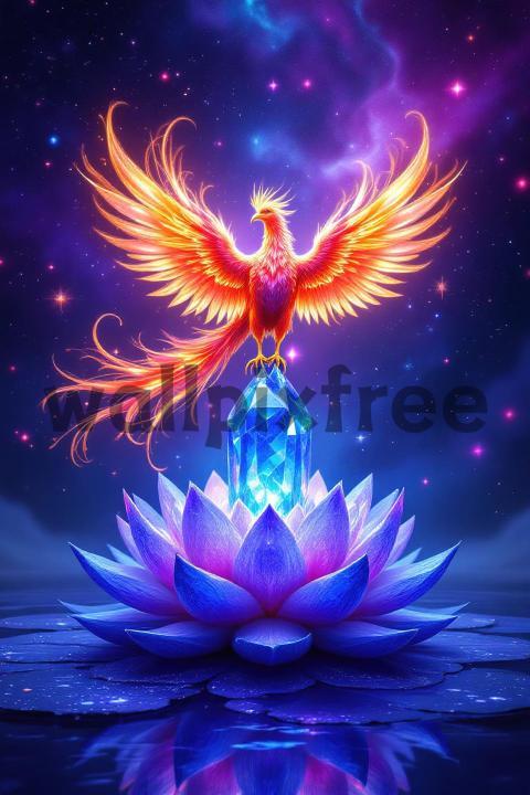 Phoenix on Crystal Lotus in Cosmic Night