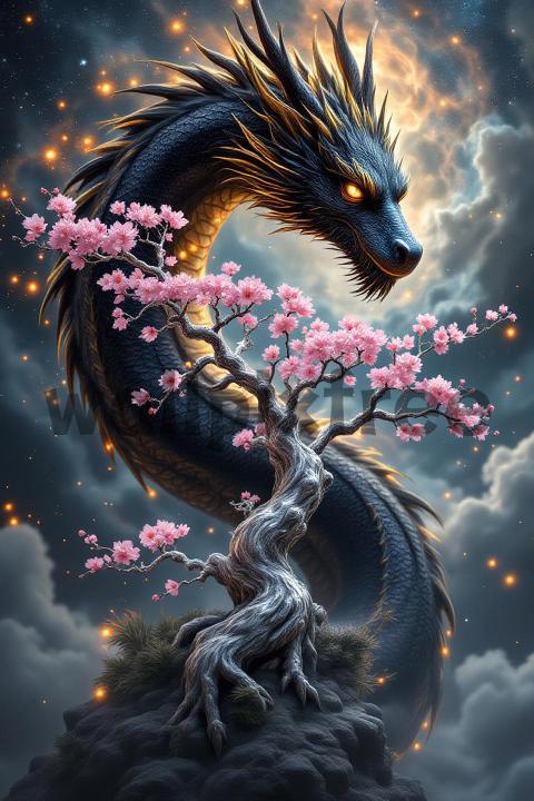 Dragon and Cherry Blossom Under Moonlit Sky