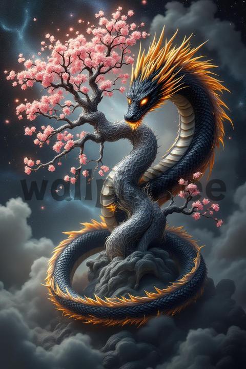 Dragon Coiled Around Cherry Blossom Tree