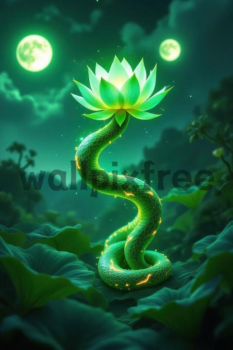 Mystical Lotus and Snake Under Moonlight