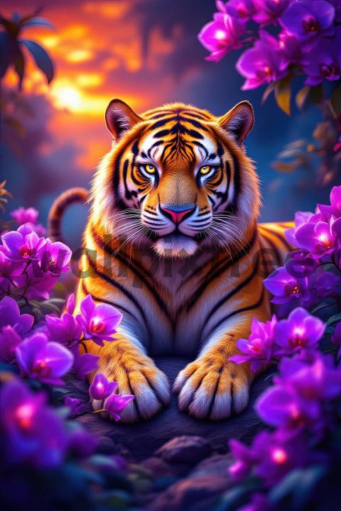 Tiger Among Purple Flowers at Sunset