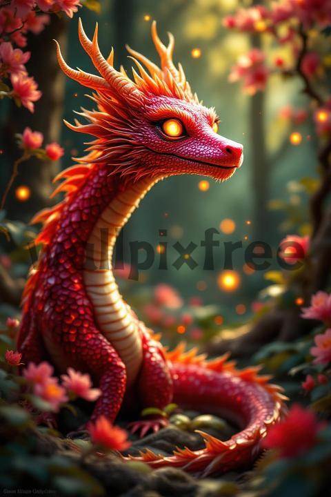 Mystical Red Dragon in Enchanted Forest