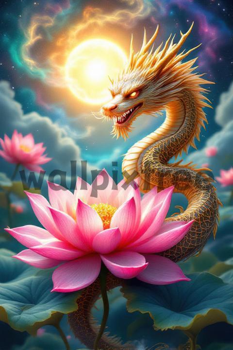 Dragon Coiled Around Lotus Under Moonlight