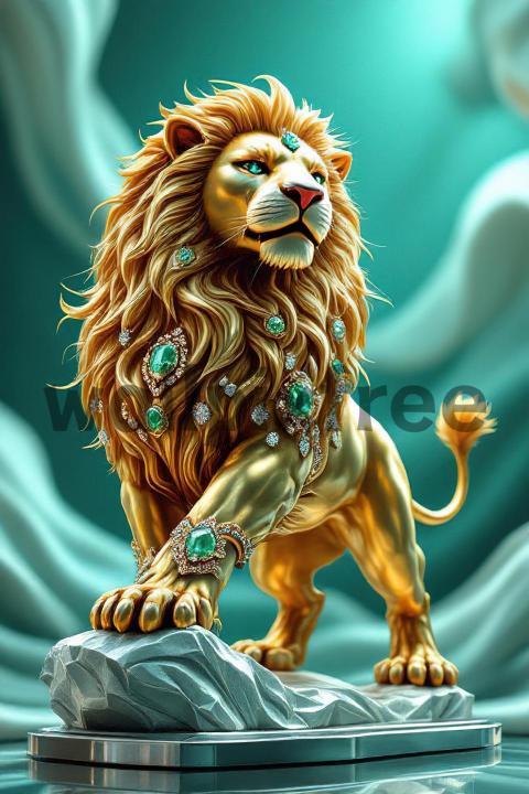 Golden Lion Sculpture with Emeralds