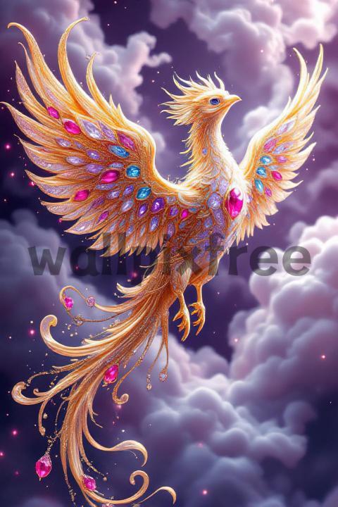 Majestic Jewel Encrusted Phoenix in Clouds